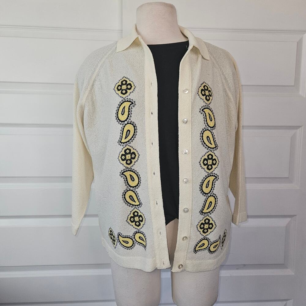 Vtg 60s Talbot's Traveler Cardigan Sweater Off White Yellow Gray Paisley Dacron